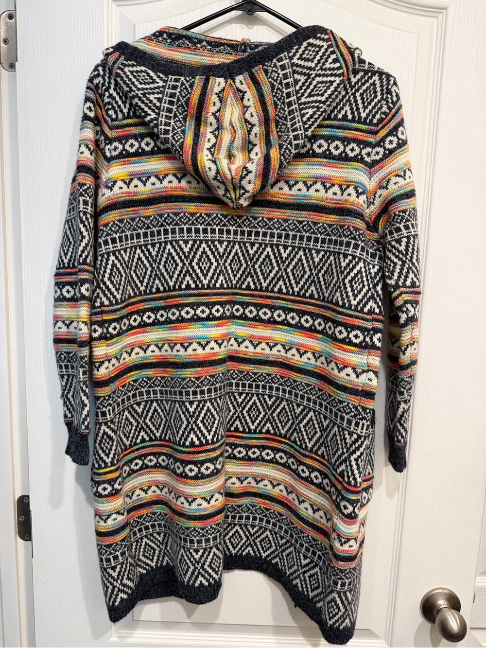Monteau Black & White Patterned Hooded Cardigan with Multicolor Stripes - Picture 2 of 4